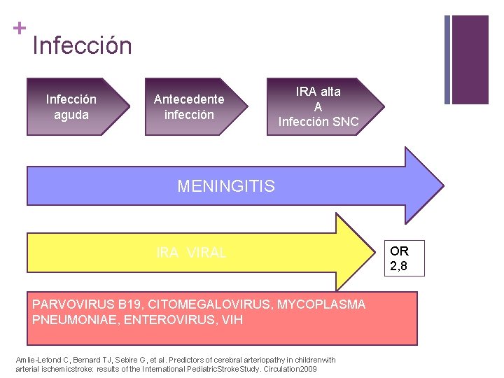 + Infección aguda Antecedente infección IRA alta A Infección SNC MENINGITIS IRA VIRAL PARVOVIRUS