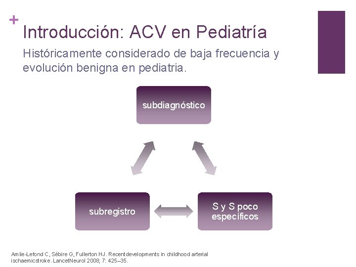 + Introducción: ACV en Pediatría Históricamente considerado de baja frecuencia y evolución benigna en