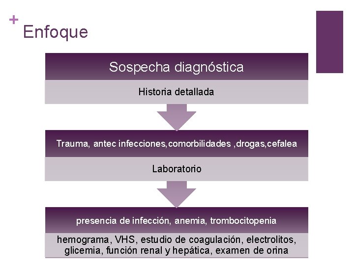 + Enfoque Sospecha diagnóstica Historia detallada Trauma, antec infecciones, comorbilidades , drogas, cefalea Laboratorio