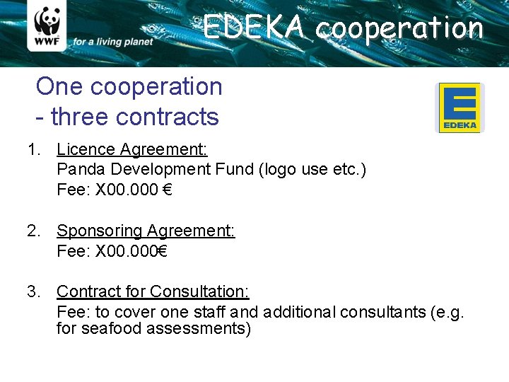 EDEKA cooperation One cooperation - three contracts 1. Licence Agreement: Panda Development Fund (logo