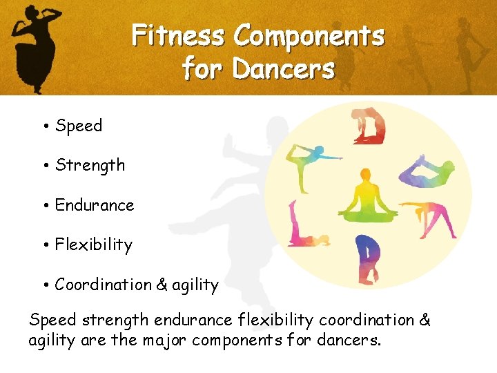 Fitness Components for Dancers • Speed • Strength • Endurance • Flexibility • Coordination