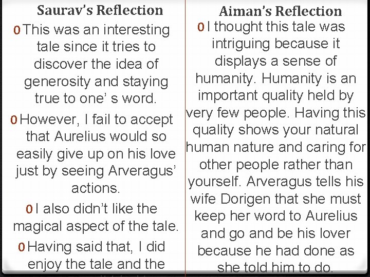 Saurav’s Reflection 0 This was an interesting tale since it tries to discover the