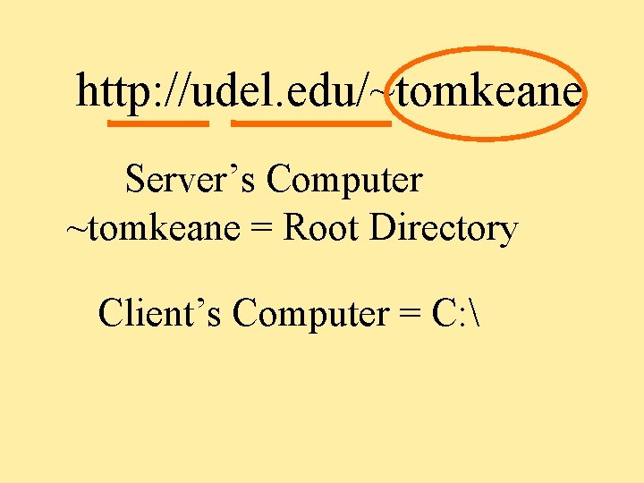http: //udel. edu/~tomkeane Server’s Computer ~tomkeane = Root Directory Client’s Computer = C: 