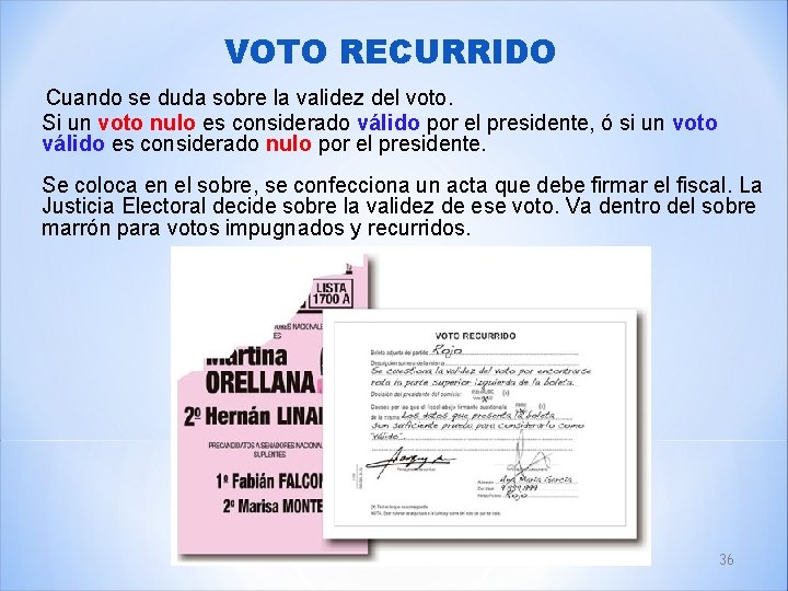 VOTO RECURRIDO Cuando se duda sobre la validez del voto. Si un voto nulo