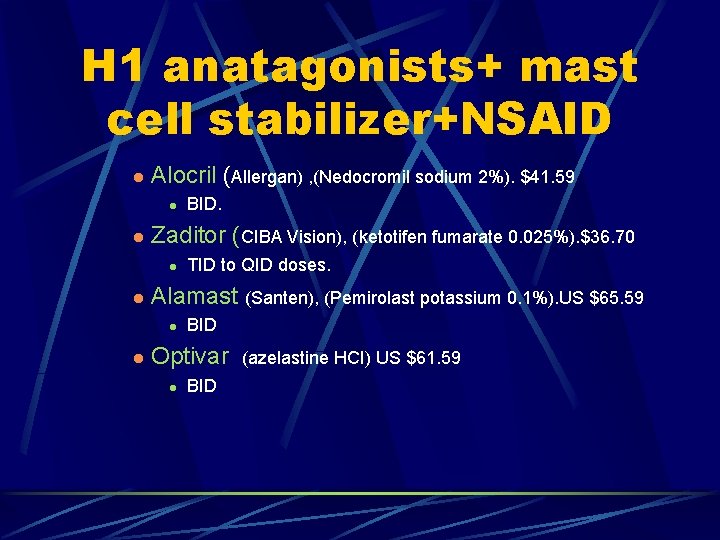 H 1 anatagonists+ mast cell stabilizer+NSAID l Alocril (Allergan) , (Nedocromil sodium 2%). $41.