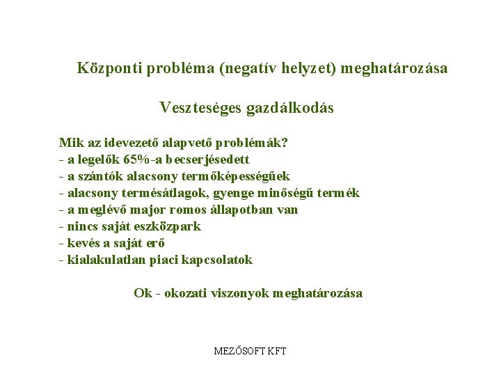 K Központi probléma (negatív helyzet) meghatározása Veszteséges gazdálkodás Mik az idevezető alapvető problémák? -