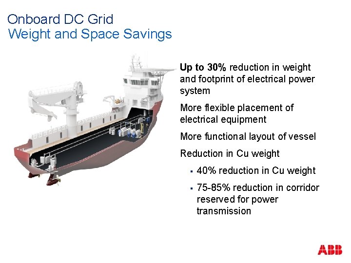 Onboard DC Grid Weight and Space Savings § Up to 30% reduction in weight