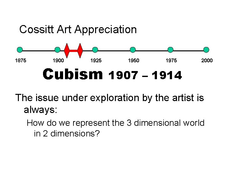 Cossitt Art Appreciation 1875 1900 1925 Cubism 1950 1975 2000 1907 – 1914 The Cossitt Art Appreciation 1875 1900 1925 Cubism 1950 1975 2000 1907 – 1914 The