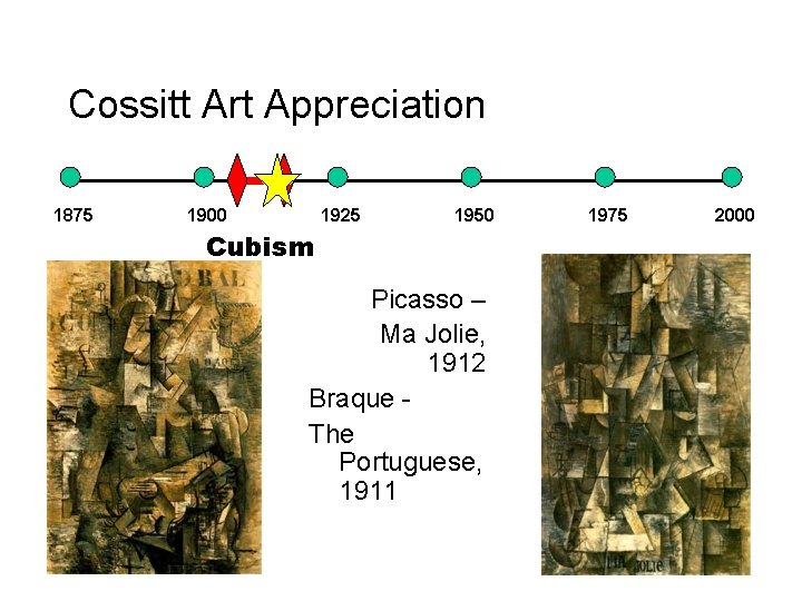 Cossitt Art Appreciation 1875 1900 1925 1950 Cubism Picasso – Ma Jolie, 1912 Braque Cossitt Art Appreciation 1875 1900 1925 1950 Cubism Picasso – Ma Jolie, 1912 Braque