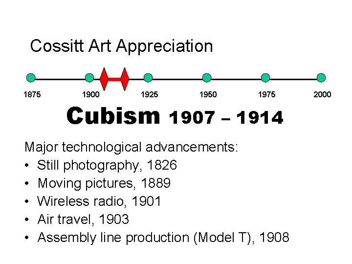 Cossitt Art Appreciation 1875 1900 1925 Cubism 1950 1975 1907 – 1914 Major technological