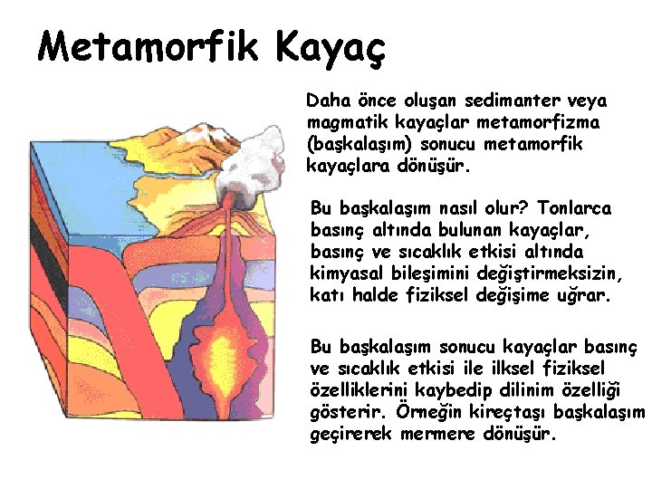 Metamorfik Kayaç Daha önce oluşan sedimanter veya magmatik kayaçlar metamorfizma (başkalaşım) sonucu metamorfik kayaçlara