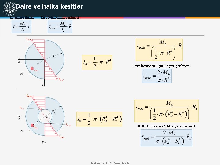 Daire ve halka kesitler Kayma gerilmesi En büyük kayma gerilmesi Daire kesitte en büyük