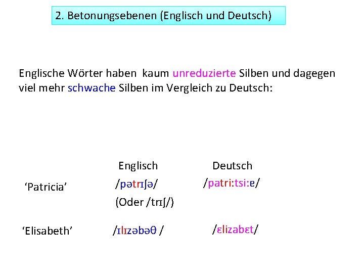 2. Betonungsebenen (Englisch und Deutsch) Englische Wörter haben kaum unreduzierte Silben und dagegen viel