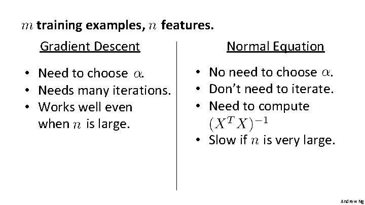 training examples, Gradient Descent features. • Need to choose. • Needs many iterations. •
