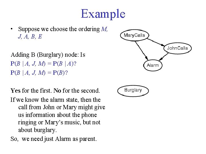 Example • Suppose we choose the ordering M, J, A, B, E Adding B