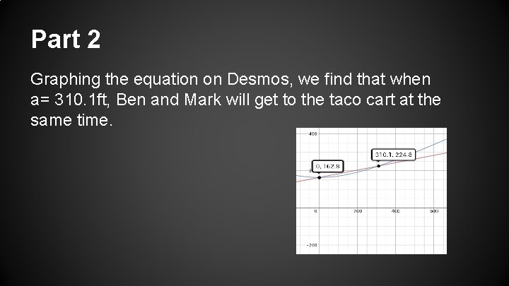 Part 2 Graphing the equation on Desmos, we find that when a= 310. 1