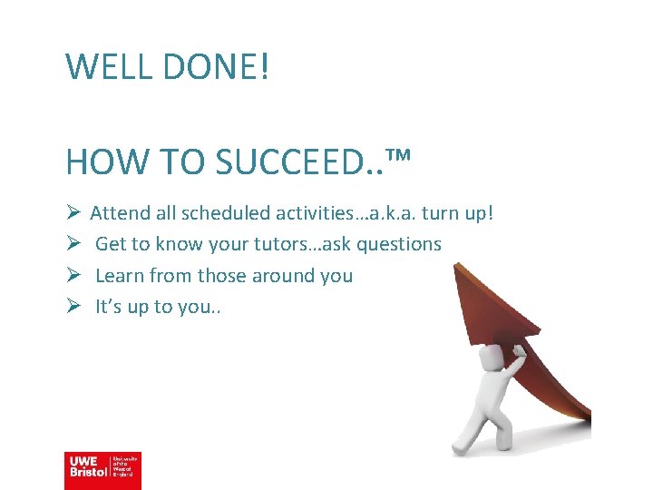 WELL DONE! HOW TO SUCCEED. . ™ Ø Ø Attend all scheduled activities…a. k.