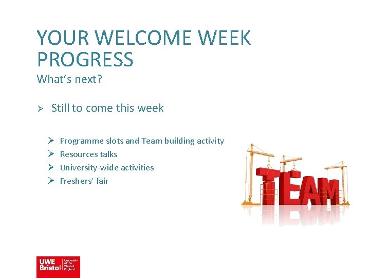 YOUR WELCOME WEEK PROGRESS What’s next? Ø Still to come this week Ø Ø