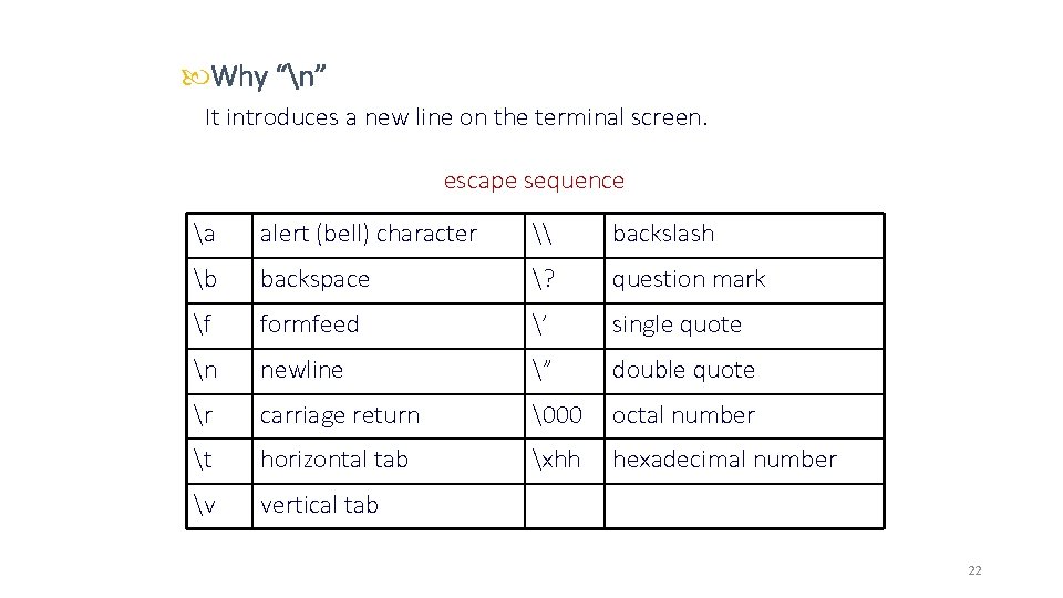 Why “n” It introduces a new line on the terminal screen. escape sequence  Why “n” It introduces a new line on the terminal screen. escape sequence