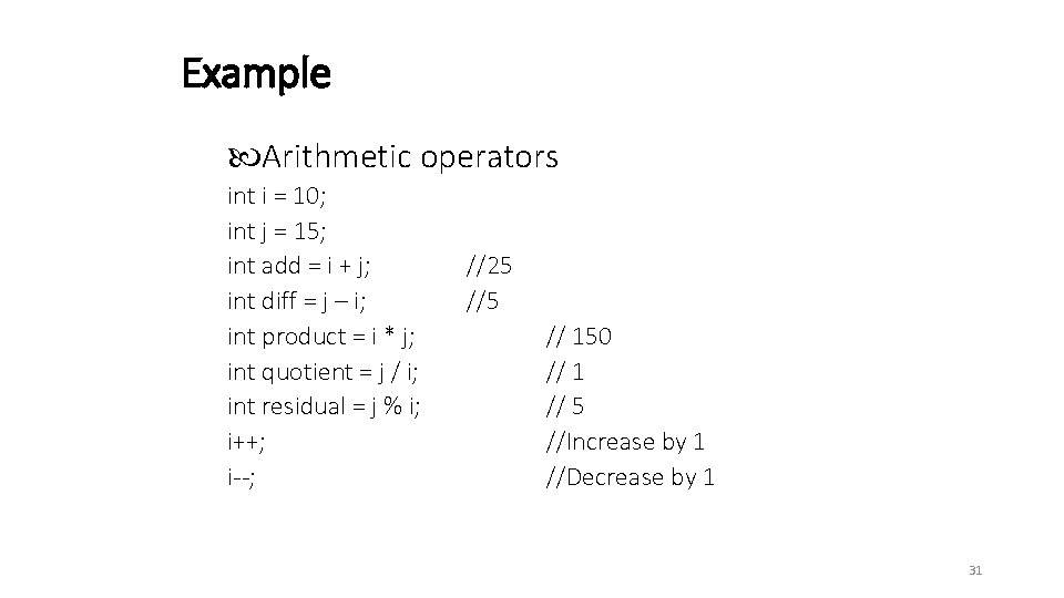 Example Arithmetic operators int i = 10; int j = 15; int add =