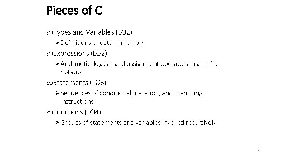 Pieces of C Types and Variables (LO 2) Ø Definitions of data in memory Pieces of C Types and Variables (LO 2) Ø Definitions of data in memory
