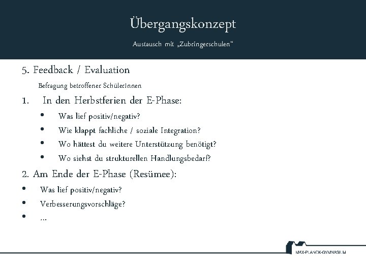 Übergangskonzept Austausch mit „Zubringerschulen“ 5. Feedback / Evaluation Befragung betroffener Schüler. Innen 1. In