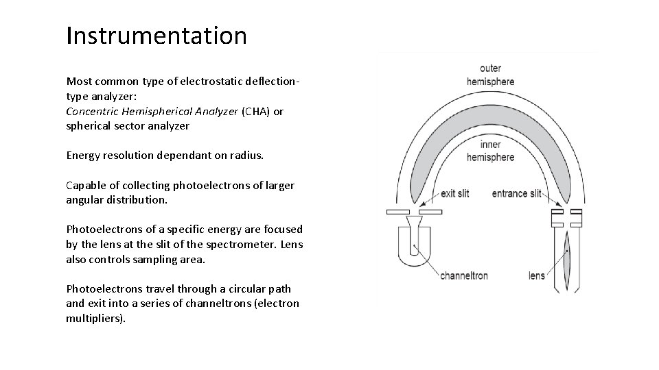 Instrumentation Most common type of electrostatic deflectiontype analyzer: Concentric Hemispherical Analyzer (CHA) or spherical