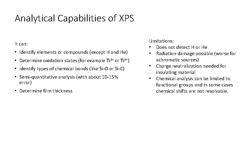 Analytical Capabilities of XPS It can: • Identify elements or compounds (except H and