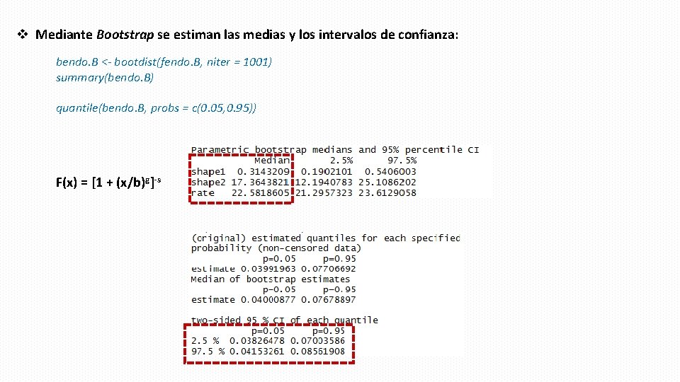 v Mediante Bootstrap se estiman las medias y los intervalos de confianza: bendo. B