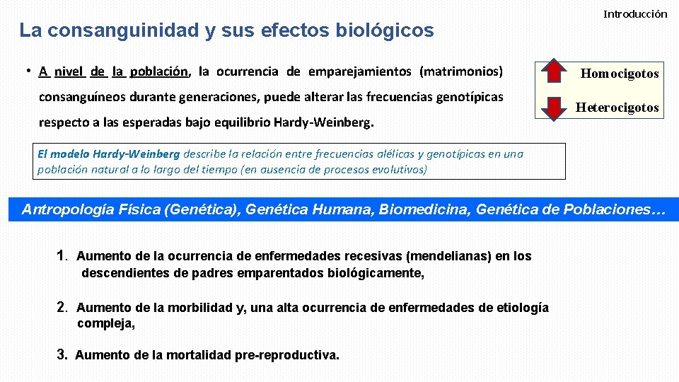 La consanguinidad y sus efectos biológicos • A nivel de la población, la ocurrencia