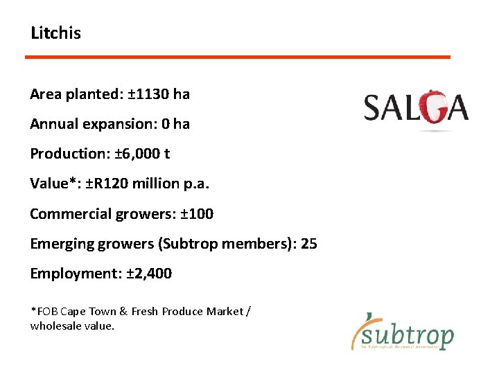 Litchis Area planted: ± 1130 ha Annual expansion: 0 ha Production: ± 6, 000