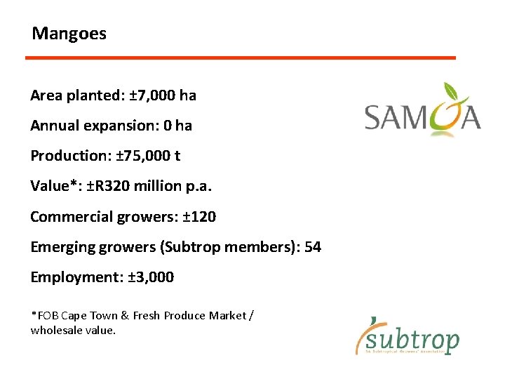 Mangoes Area planted: ± 7, 000 ha Annual expansion: 0 ha Production: ± 75,
