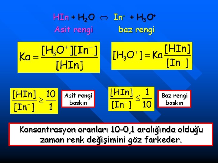 HIn + H 2 O In- + H 3 O+ Asit rengi baz rengi