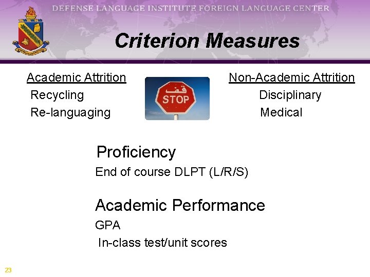 Criterion Measures Academic Attrition Recycling Re-languaging Non-Academic Attrition Disciplinary Medical Proficiency End of course