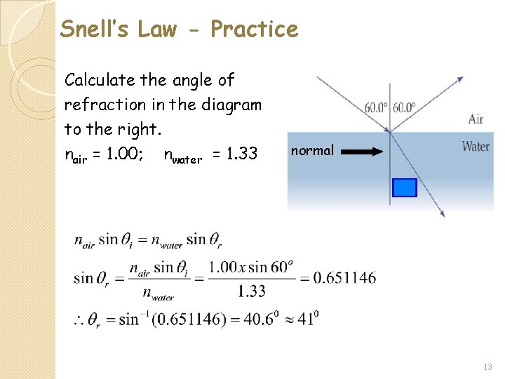 Snell’s Law - Practice Calculate the angle of refraction in the diagram to the