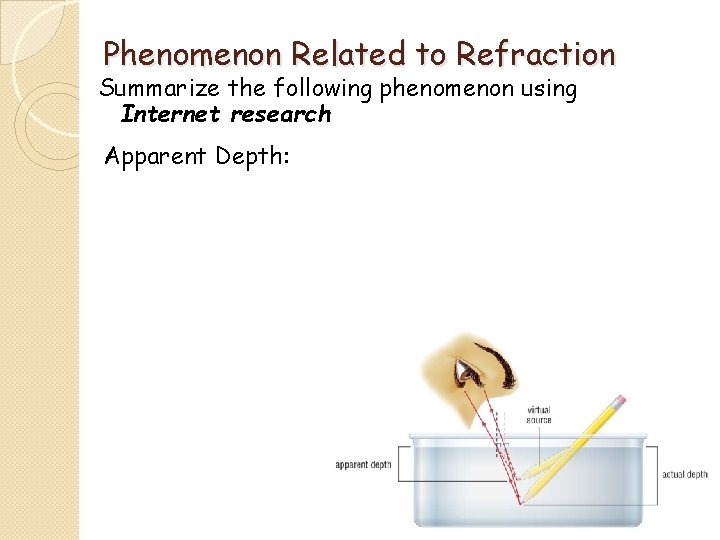 Phenomenon Related to Refraction Summarize the following phenomenon using Internet research Apparent Depth: 16