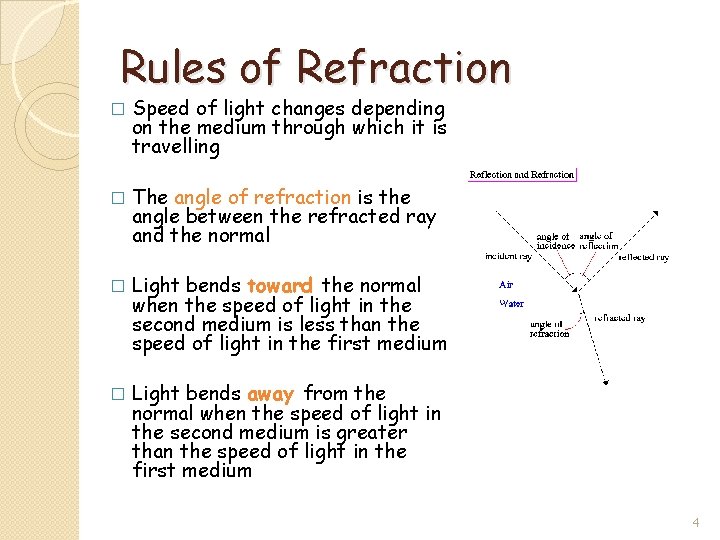 Rules of Refraction � Speed of light changes depending on the medium through which