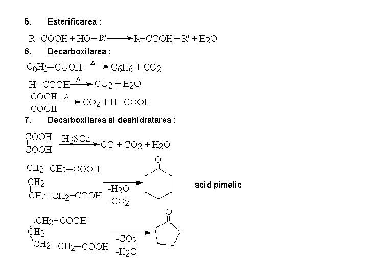 5. Esterificarea : 6. Decarboxilarea : 7. Decarboxilarea si deshidratarea : acid pimelic 