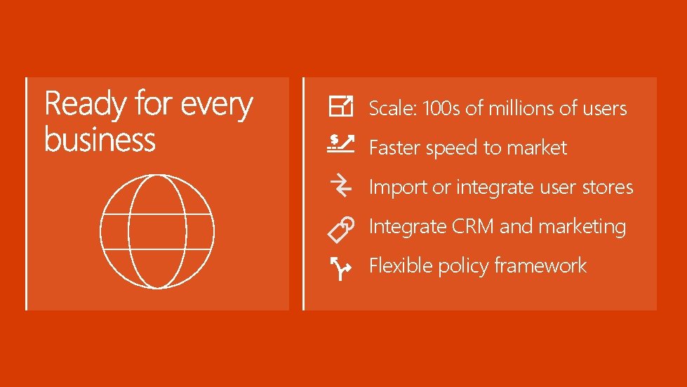 Scale: 100 s of millions of users Faster speed to market Import or integrate