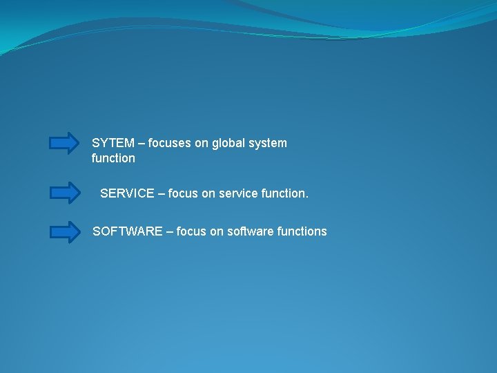 SYTEM – focuses on global system function SERVICE – focus on service function. SOFTWARE