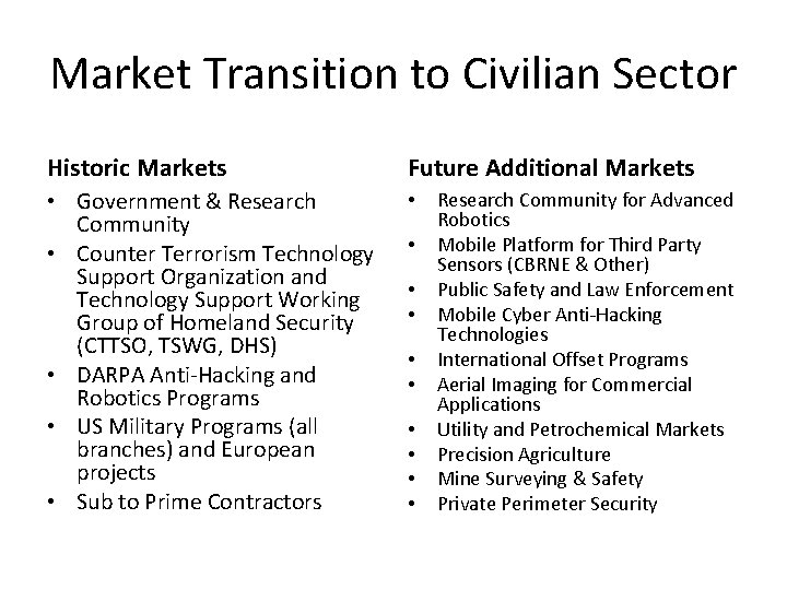 Market Transition to Civilian Sector Historic Markets Future Additional Markets • Government & Research