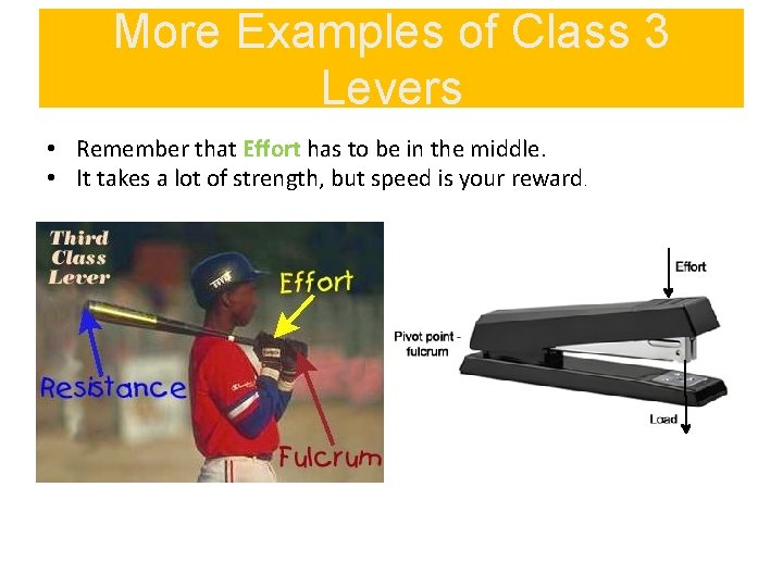 More Examples of Class 3 Levers • Remember that Effort has to be in