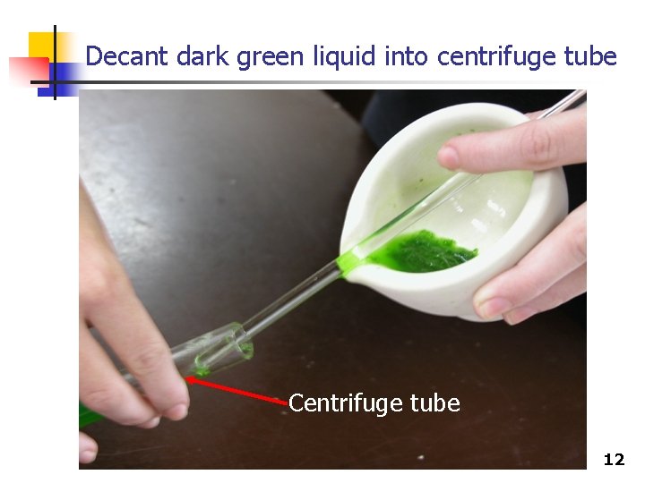 Decant dark green liquid into centrifuge tube Centrifuge tube 12 