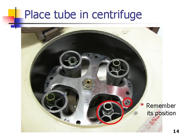 Place tube in centrifuge * Remember its position 14 