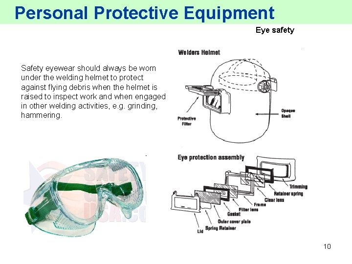 Personal Protective Equipment Eye safety Safety eyewear should always be worn under the welding