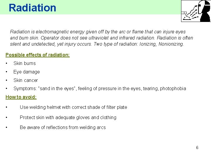 Radiation is electromagnetic energy given off by the arc or flame that can injure
