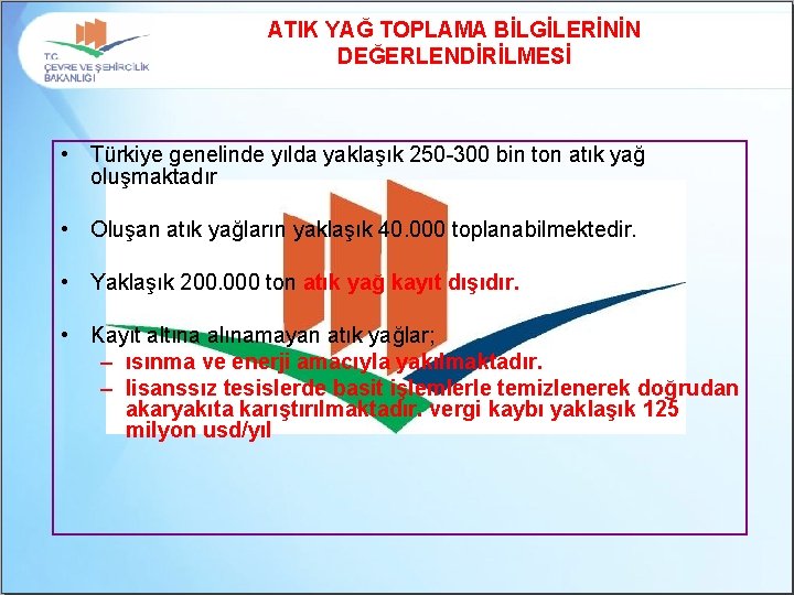 ATIK YAĞ TOPLAMA BİLGİLERİNİN DEĞERLENDİRİLMESİ • Türkiye genelinde yılda yaklaşık 250 -300 bin ton