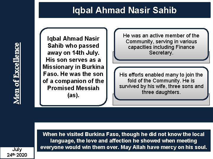 Men of Excellence Iqbal Ahmad Nasir Sahib July 2020 24 th Iqbal Ahmad Nasir