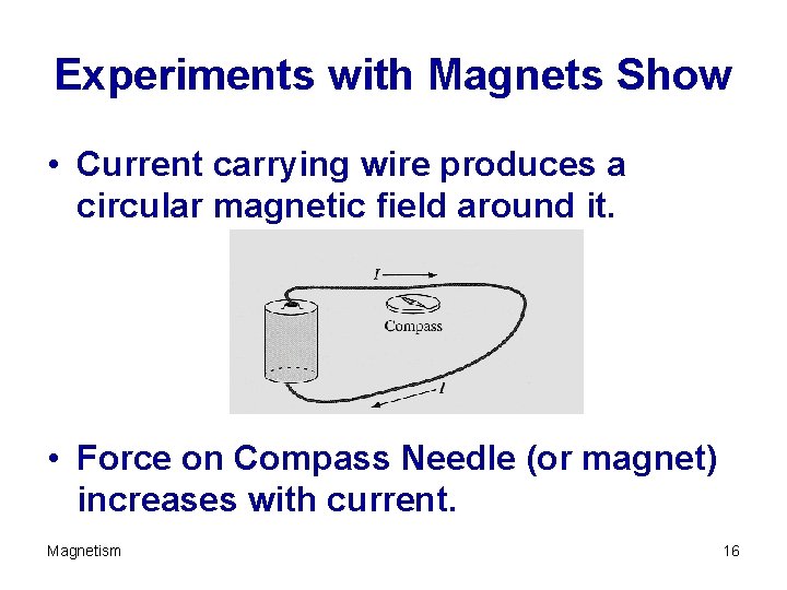 Experiments with Magnets Show • Current carrying wire produces a circular magnetic field around