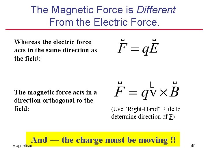 The Magnetic Force is Different From the Electric Force. Whereas the electric force acts